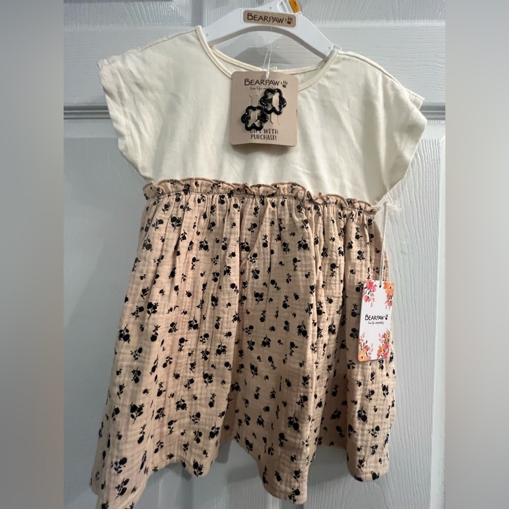 NWT Bearpaw Toddler Girl Floral Cotton Dress Cream and Tan with Hair clips - Picture 1 of 7